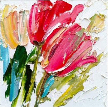  paleta Pintura - Flores de tulipanes de Palette Knife, arte de pared minimalista
